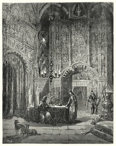 Don Quijote de Gustave Doré: "Otra doncella entra en la habitación y comienza a informarle qué castillo es ese y cómo está encantada en él" de Gustave Dore