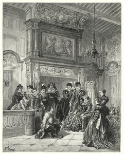 Don Quijote de Gustave Doré: "A petición de la duquesa, relató todo el pasaje del reciente encantamiento fingido muy fielmente" (grabado) de Gustave Dore