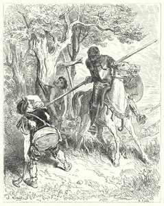 Don Quijote de Gustave Doré: "Por el sol que brilla, tengo ganas de atravesarte el cuerpo con mi lanza" (grabado) de Gustave Dore