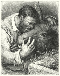 Don Quijote de Gustave Doré: "Ven aquí," dijo él, "mi amigo; tú fiel compañero y compañero de mis viajes y miserias"