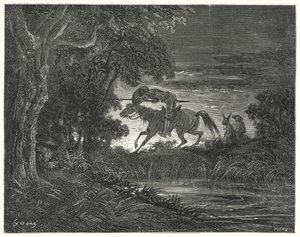 Don Quijote de Gustave Doré: "Don Quijote, acompañado de su intrépido corazón, saltó sobre Rocinante" de Gustave Dore