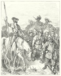 Don Quijote de Gustave Doré: "Don Quijote preguntó al primero por qué crímenes estaba en esas miserables circunstancias" (grabado)