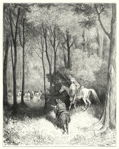 Don Quijote de Gustave Doré: "Don Quijote divisó una compañía, a quienes, al verlos más de cerca, juzgó ser personas de calidad" (grabado)
