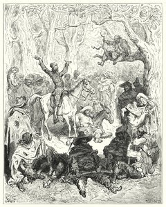 Don Quijote de Gustave Doré: "Don Quijote, montado en Rocinante, declamando copiosamente contra su forma de vivir" (grabado) de Gustave Dore