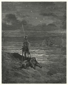 Don Quijote de Gustave Doré: "Don Quijote se quedó allí, esperando la llegada del día" (grabado) de Gustave Dore