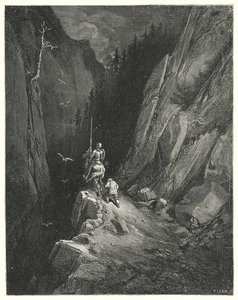 Don Quijote de Gustave Doré: "Don Quijote se llenó de alegría al encontrarse donde podría halagar su ambición con la esperanza de nuevas aventuras" (grabado) de Gustave Dore