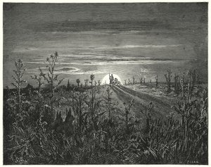 Don Quijote de Gustave Doré: "Amigo Sancho," dijo Don Quijote, "me parece que la noche que se acerca nos alcanzará antes de llegar a Toboso"