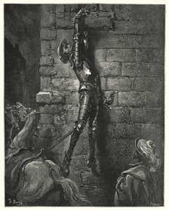 Don Quijote de Gustave Doré: "Inevitablemente habría caído al suelo, si no hubiera estado su muñeca firmemente atada a la cuerda" de Gustave Dore