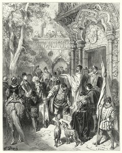 Don Quijote de Gustave Doré: "Besó la mano del duque y la duquesa al partir, y recibió la bendición de su amo" de Gustave Dore
