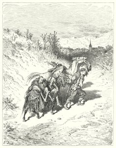 Don Quijote de Gustave Doré: "Los llevó a todos hacia el pueblo, y él mismo caminaba a pie, muy pensativo" de Gustave Dore