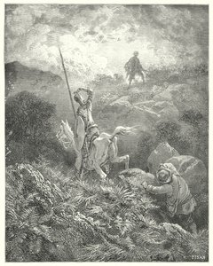 Don Quijote de Gustave Doré: "Divisó en la cima de un peñasco justo delante de él a un hombre que saltaba de roca en roca con maravillosa agilidad" (grabado) de Gustave Dore