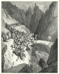 Don Quijote de Gustave Doré: "Cómo Don Diego García con su sola fuerza defendió el paso de un puente contra un gran ejército" de Gustave Dore