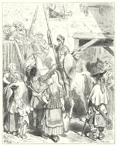 Don Quijote de Gustave Doré: "No tengo nada que ver con todo esto," gritó el posadero; "paga tu cuenta"