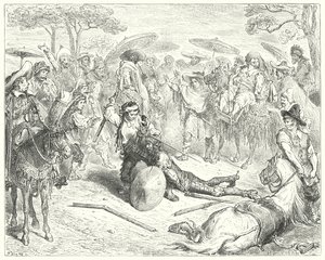 Don Quijote de Gustave Doré: "A pesar de sus armas, lo golpeó como a una gavilla de trigo" (grabado) de Gustave Dore