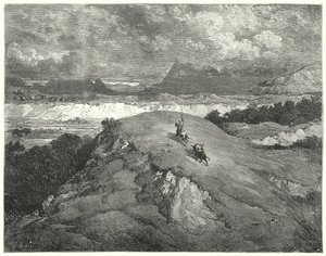 Don Quijote de Gustave Doré: "Era de noche antes de que nuestros dos viajeros llegaran a la parte más desierta de la montaña"