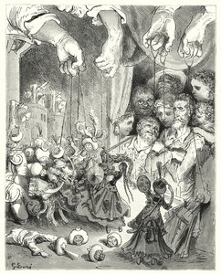 Don Quijote de Gustave Doré: "Observa qué gran compañía de caballos brillantes sale de la ciudad, en persecución de los amantes cristianos" (grabado) de Gustave Dore