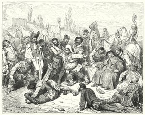 Don Quijote de Gustave Doré: "Sancho Panza solo estaba molesto, se enfureció hasta la muerte y deliraba como un loco" (grabado)