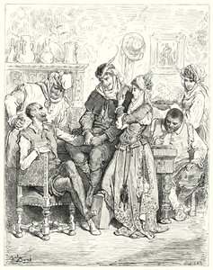 Don Quijote de Gustave Doré: "Sancho y su amo se quedaron tres días con la joven pareja, y fueron tratados como príncipes" de Gustave Dore