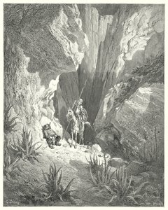 Don Quijote de Gustave Doré: "Lo primero que encontró fue el borrador de un soneto; así que lo leyó en voz alta" (grabado) de Gustave Dore