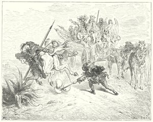 Don Quijote de Gustave Doré: "El tonto de la obra se acercó brincando con sus cascabeles" (grabado) de Gustave Dore