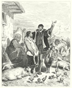 Don Quijote de Gustave Doré: "El caballero le hizo tantas promesas que al final el pobre tonto aceptó ir con él y convertirse en su escudero" de Gustave Dore