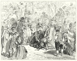 Don Quijote de Gustave Doré: "La pobre virgen, temblando y asustada sin decir una palabra, se acercó al pobre Basilio" (grabado) de Gustave Dore