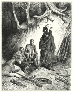 Don Quijote de Gustave Doré: "Los escuderos dejaron a Don Quijote, Roque y Sancho para esperar su regreso" (grabado) de Gustave Dore