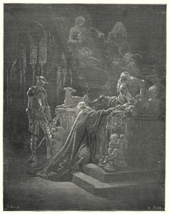 Don Quijote de Gustave Doré: "El venerable Montesinos se arrodilló ante el afligido caballero" de Gustave Dore