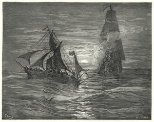 Don Quijote de Gustave Doré: "Ellos, estando a sotavento, nos dispararon dos cañonazos" de Gustave Dore