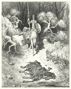 Don Quijote de Gustave Doré: "Llegaron a un parque, donde encontraron una mula muerta" (grabado) de Gustave Dore