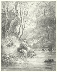 Don Quijote de Gustave Doré: "Vieron a un joven con traje de campo, sentado al pie de una roca detrás de un fresno" (grabado) de Gustave Dore