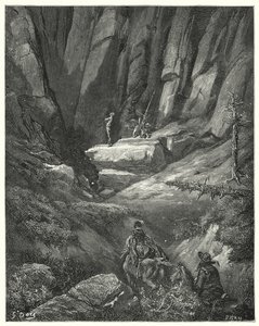 Don Quijote de Gustave Doré: "Siguieron adelante por unas tres cuartas partes de una legua, y luego entre las rocas divisaron a Don Quijote, que para entonces ya se había puesto la ropa, aunque no la armadura" de Gustave Dore