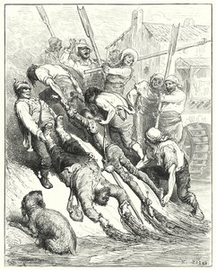 Don Quijote de Gustave Doré: "Ambos fueron arrastrados a la orilla, más empapados que sedientos" (grabado) de Gustave Dore