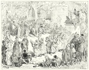 Don Quijote de Gustave Doré: "Fueron guiados por un anciano reverendo y una mujer matrona" de Gustave Dore