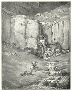 Don Quijote de Gustave Doré: "Cuando se acercaron, incluso el paciente Rocinante se sobresaltó ante el terrible sonido" (grabado) de Gustave Dore