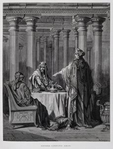 Amán denunciado por la reina Ester, Ilustración de la Biblia de Dore
