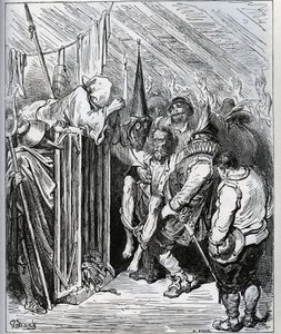 Cómo deshacerse de Don Quijote. La gente del hotel decidió encerrarlo haciéndole creer en un nuevo encantamiento y una nueva prueba caballeresca - de “Don Quijote de la Mancha” por Miguel de Cervantes (1547-1616) - Grabado en madera después de un dibujo de de Gustave Dore