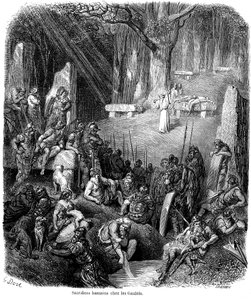 Sacrificio humano entre los galos - druidas, dolmen, menhir - grabado de Gustave Dore en "L