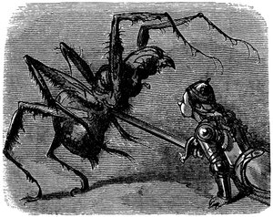 Ilustración de Gustave Dore (1832-1883) para el libro de Ernest Lepine "La legende de Croquemitaine" (1863) - Ante esta imagen de lucha con la espada contra un gigantesco araignee, uno no puede evitar pensar en la batalla de Frodo y Aragne en Tolkien