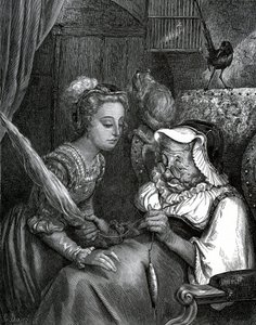 Ilustración de Gustave Dore para un cuento de Charles Perrault: La Bella Durmiente. La princesa va a picarse en la cola de gato de una vieja que huye en el huso. de Gustave Dore