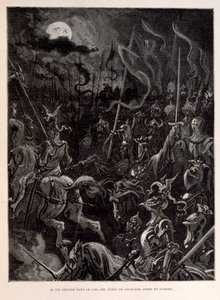 Ilustración de Caballeros en batalla durante un atardecer iluminado por la luna.