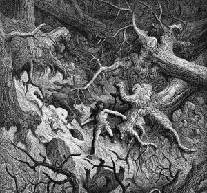 Ilustración de "" El Furioso Roldán "" (Orlando Furioso) de Ludovico Ariosto (Arioste) (1474 - 1533): Roldán, completamente furioso destruye el bosque y los animales. Ilustración de Gustave Doré. Canto 24