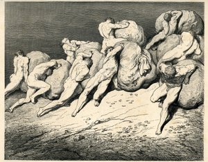 En el cuarto círculo del Infierno, que preside Plutón (Hades), los Avares y los Prodigios transportan y hacen rodar pesadas cargas (rocas), chocando con la cólera. Grabado de El Infierno de Dante Alighieri (la Divina Comedia) ilustrado por Gustave Dore. Fr