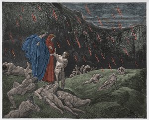 Infierno, Canto 15: Brunetto Latini se acerca a Dante, ilustración de "La Divina Comedia" de Dante Alighieri, 1885 de Gustave Dore