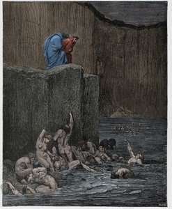Infierno, Canto 18: Amantes y aduladores en el octavo círculo, ilustración de "La Divina Comedia" por Dante Alighieri, 1885 de Gustave Dore