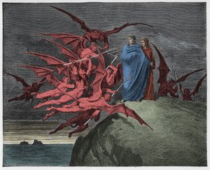 Infierno, Canto 21: Los demonios amenazan a Virgilio, ilustración de "La Divina Comedia" de Dante Alighieri, 1885 de Gustave Dore