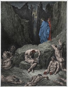 Infierno, Canto 29: Virgilio reprende la curiosidad de Dante, ilustración de "La Divina Comedia" por Dante Alighieri, 1885 de Gustave Dore