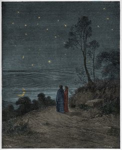 Infierno, Canto 2: El cielo oscureciéndose en la primera noche, ilustración de "La Divina Comedia" por Dante Alighieri, 1885 de Gustave Dore