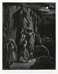 Los jabes galaaditas recuperan los cuerpos de Saúl y sus hijos, ilustración de la Biblia de Dore de Gustave Dore