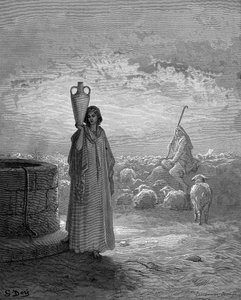 Jacob, guardando los rebaños de Labán, ve a Raquel en el pozo. Génesis 29. De la Biblia ilustrada de Gustave Dore 1866. Grabado en madera de Gustave Dore
